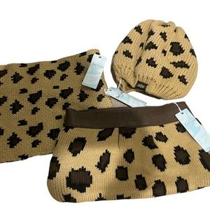MUD PIE Leopard Print Knit Beret, Neck Warmer, and Matching Clutch Purse set